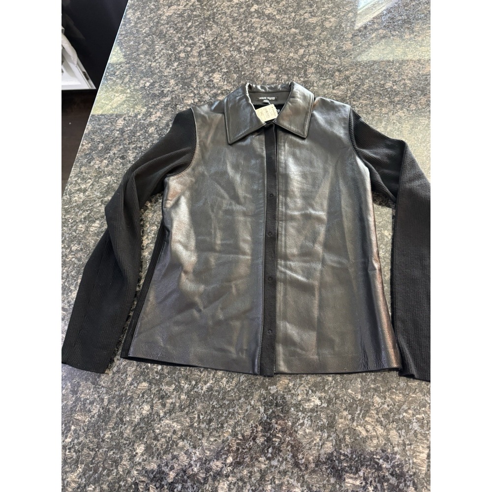 AK Anne Klein Black Leather & Knit Collared Jacket button front Size S NWT $295‎